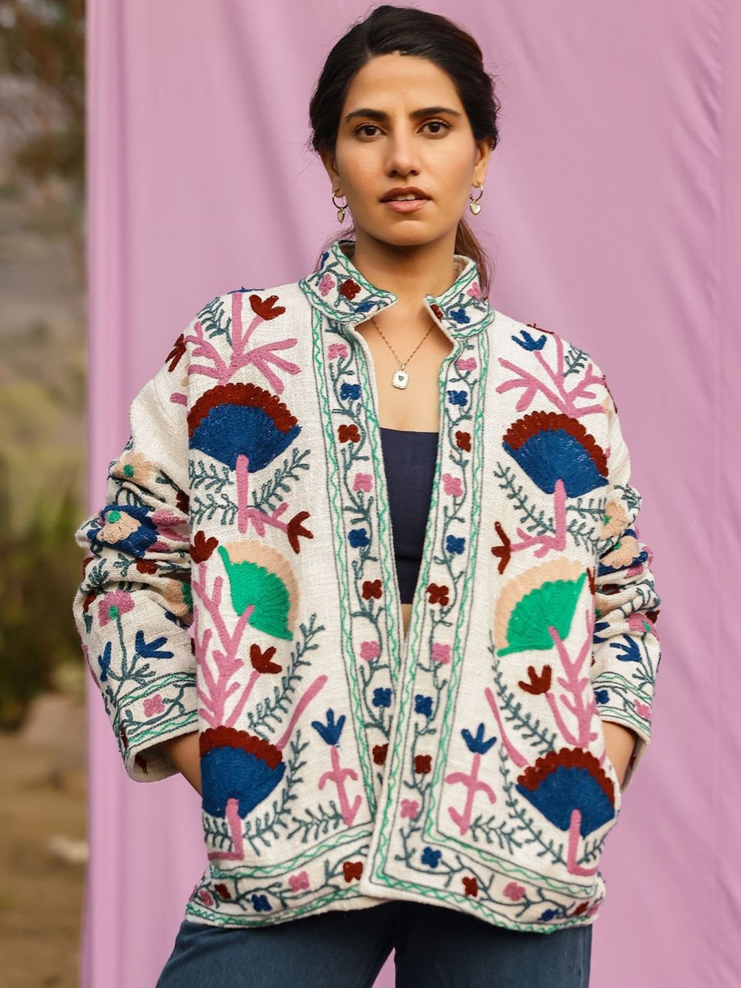 

Gulaal Women Floral Lightweight Antimicrobial Open Front Jacket with Embroidered, Blue