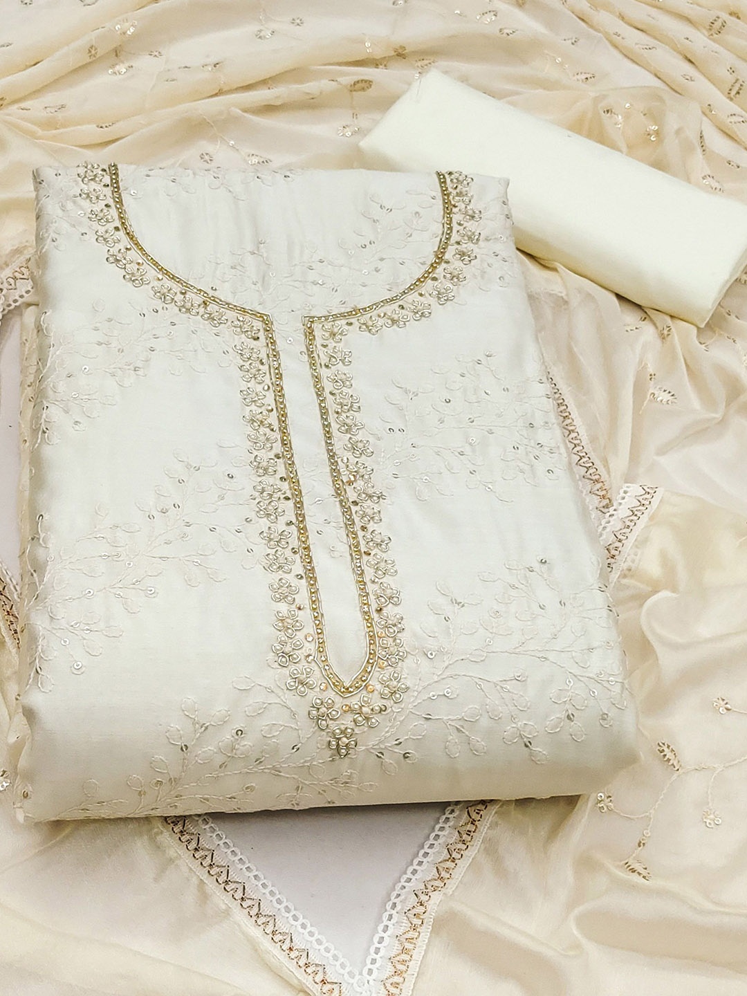 

SAINOOR Floral Embroidered Semi-Stitched Dress Material, White