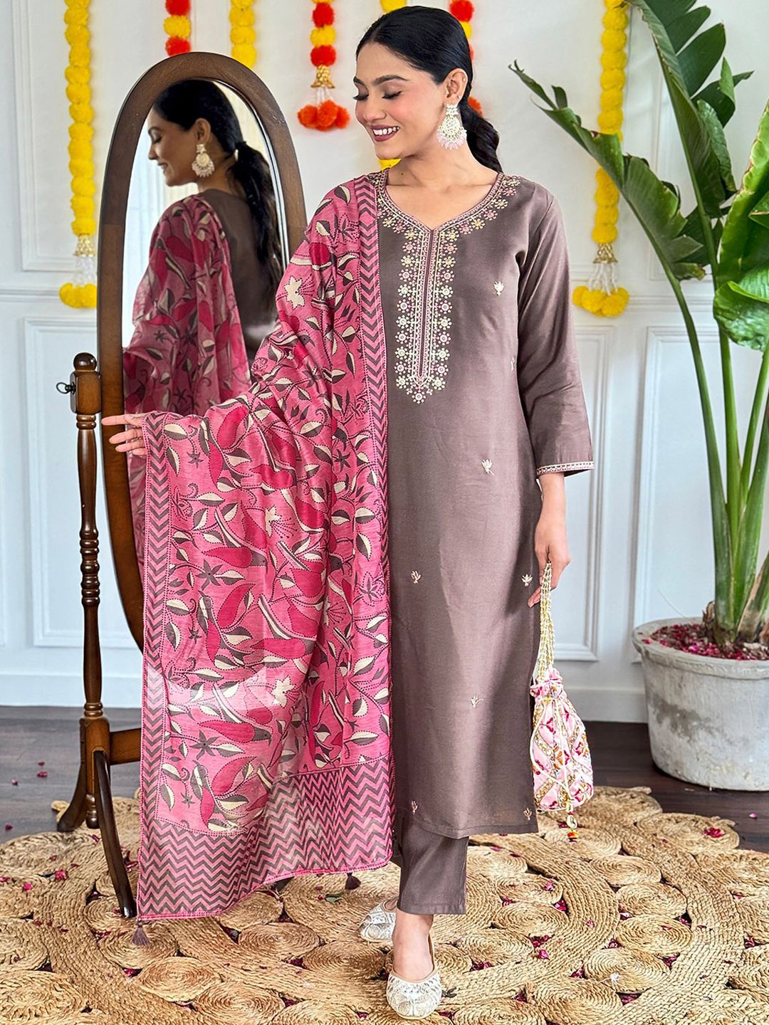 

KOTRONS Floral Embroidered Chanderi Silk Kurta With Trousers & Dupatta, Brown