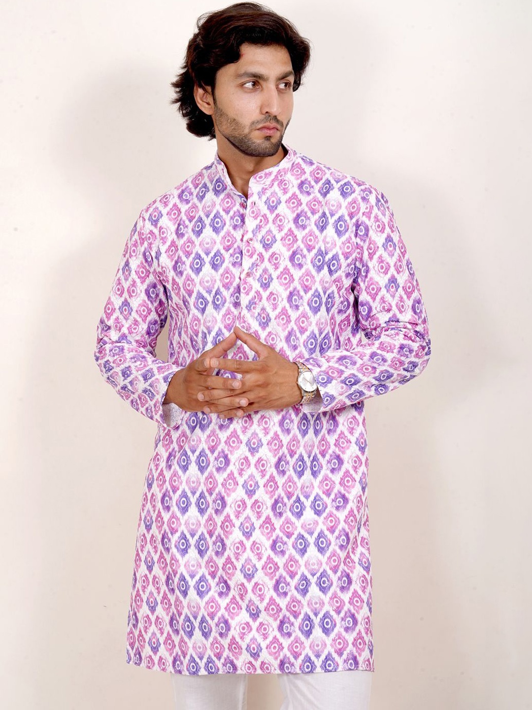 

The Kurta Studio Geometric Printed Mandarin Collar Cotton Straight Kurta, White