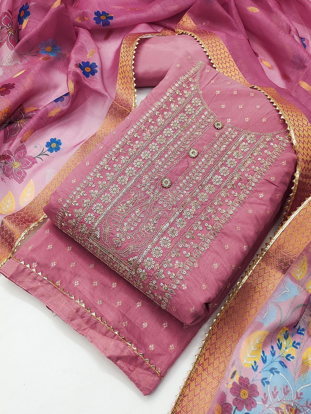 

TAVAS Floral Embroidered Zari Unstitched Dress Material, Pink