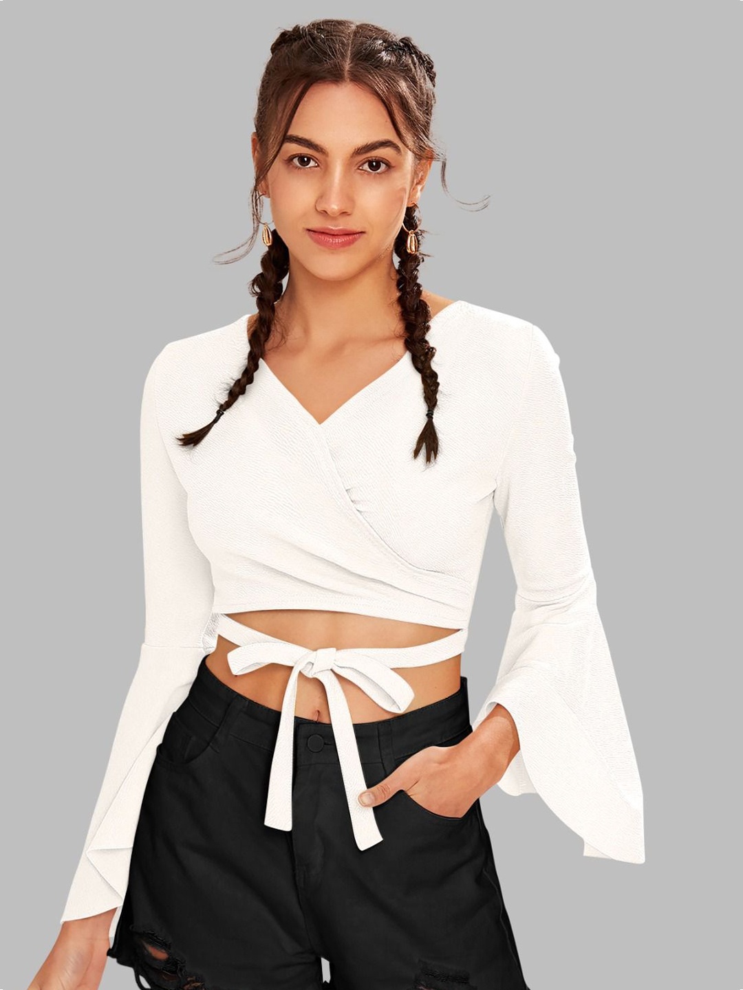 

DHUNKI Bell Sleeve Blouson Crop Top, White