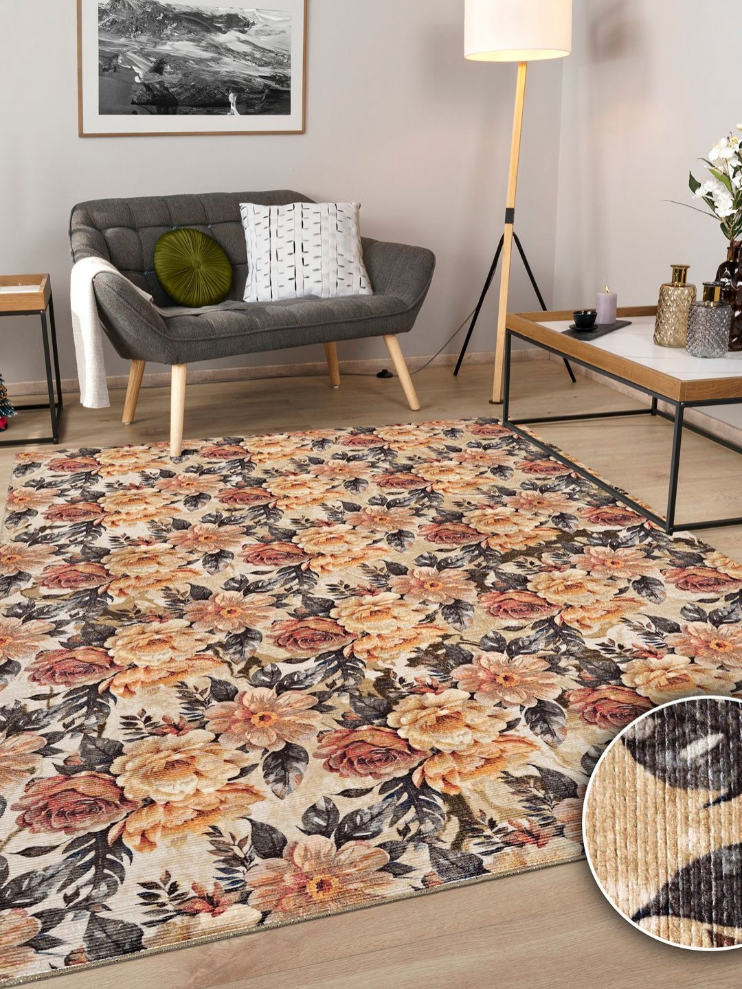 

Kaleen India Beige & Yellow Floral Printed Rectangle Anti-Skid Carpet