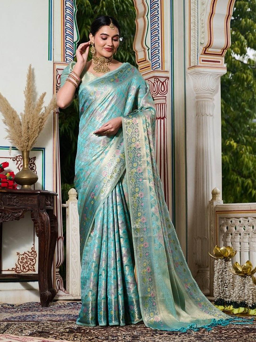 

K 5 Fashion Woven Design Zari Organza Saree, Blue