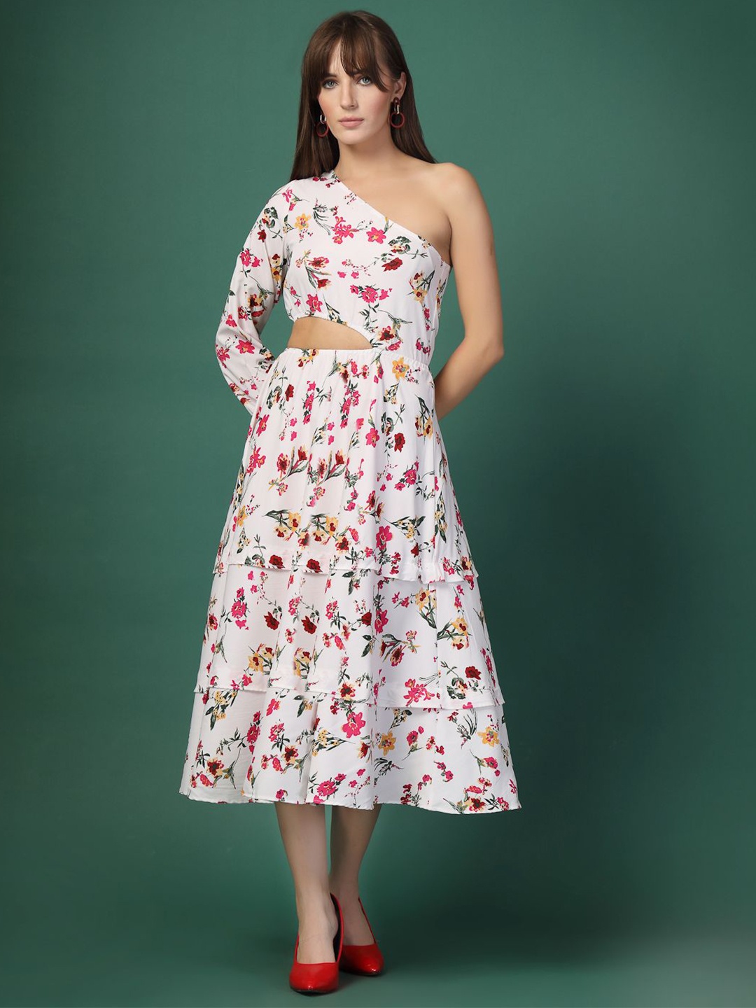 

DressBerry Floral Print Cold-Shoulder Crepe A-Line Midi Dress, White