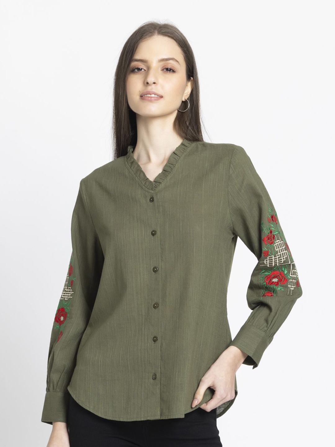 

SHAYE Women Relaxed Opaque Casual Shirt, Olive