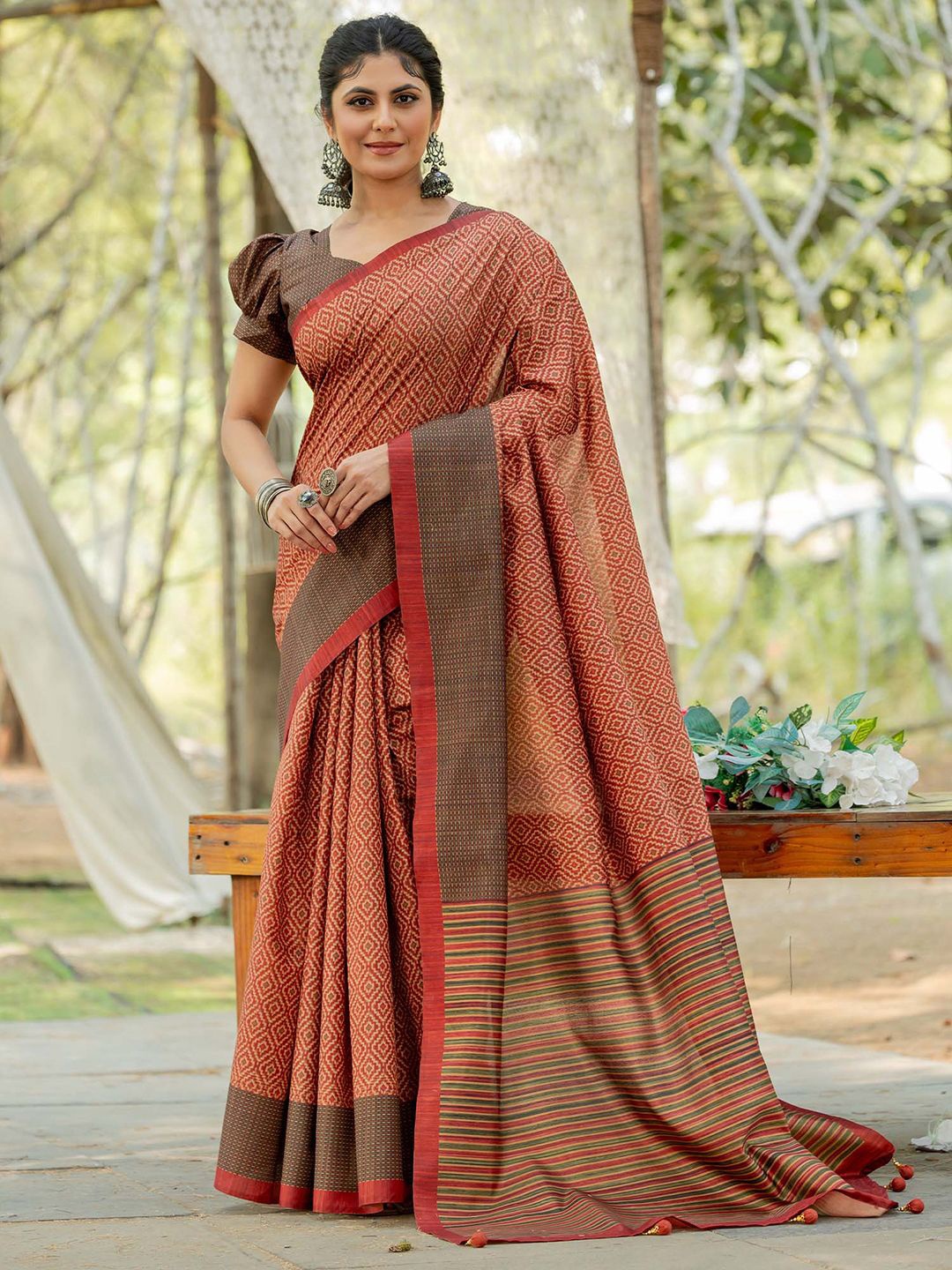 

KALINI Silk Blend Block Print Saree, Brown