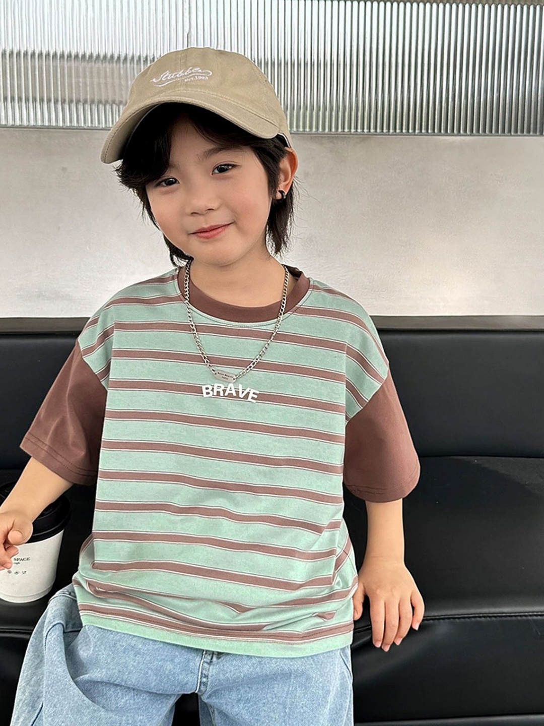

LULU & SKY Boys Striped Round Neck Oversized Cotton T-shirt, Green