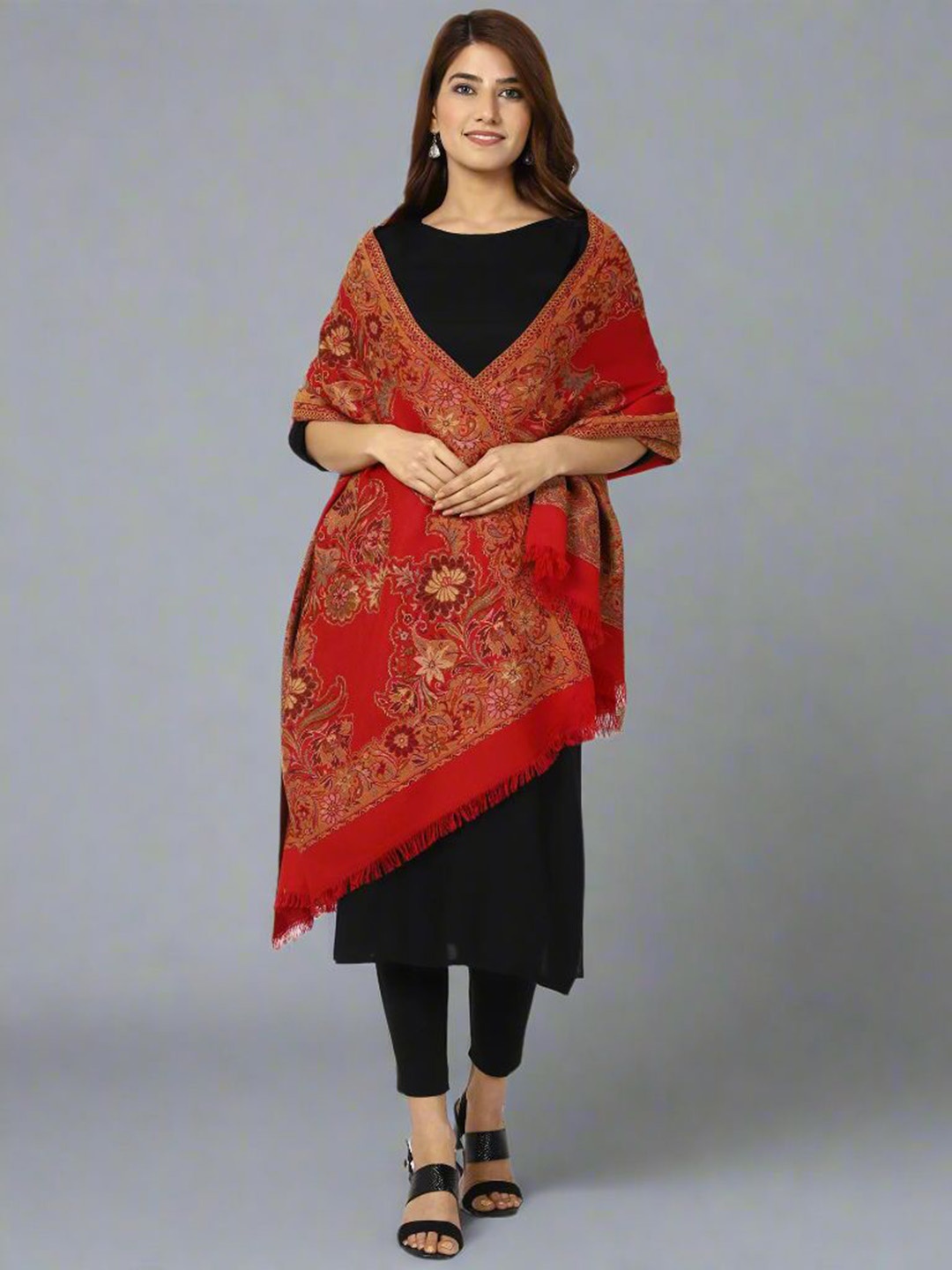 

SWI Stylish Floral Woven Design Woollen Shawl, Red