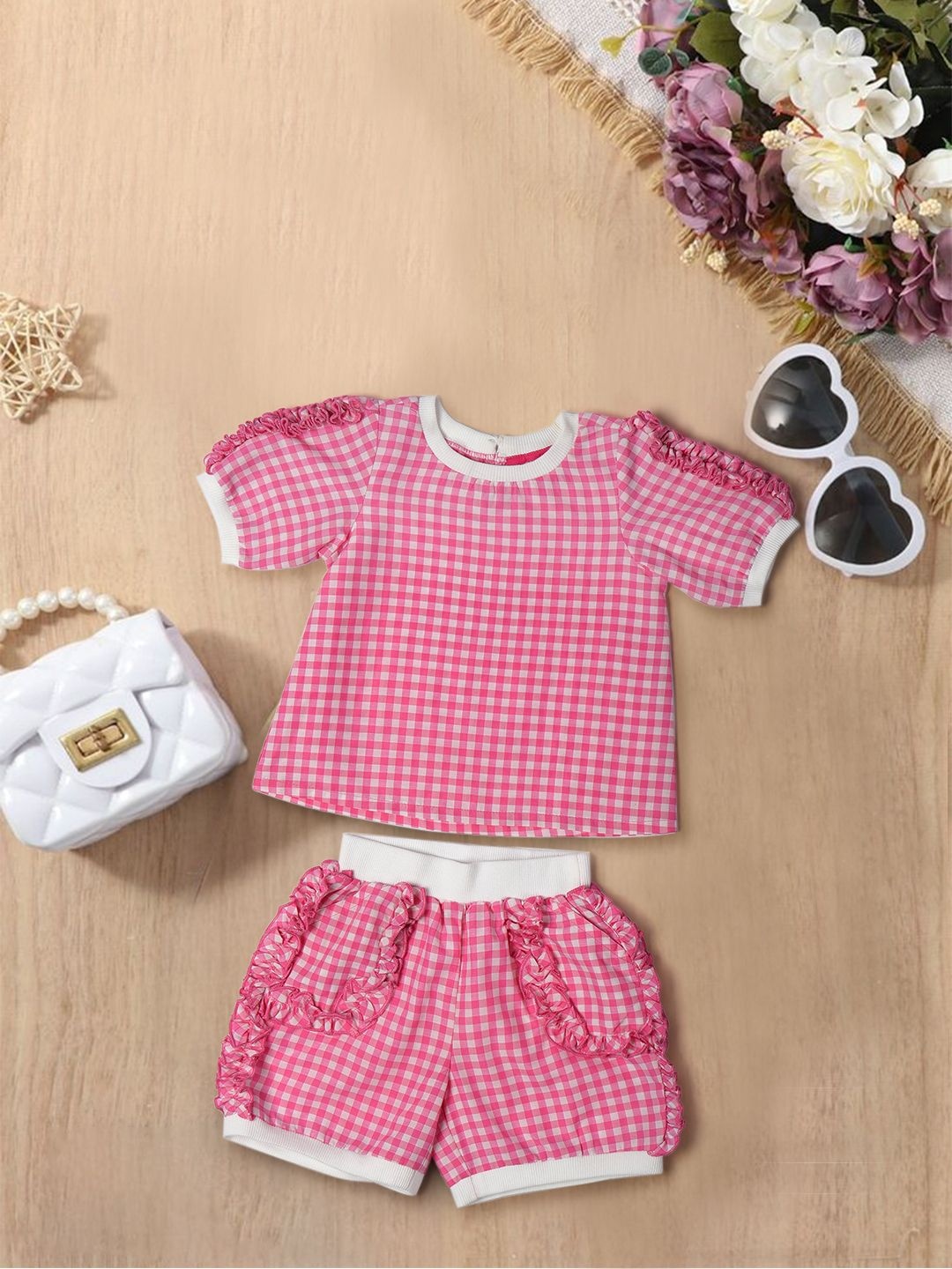 

pspeaches Girls Checked Round Neck Pure Cotton Top With Shorts, Pink