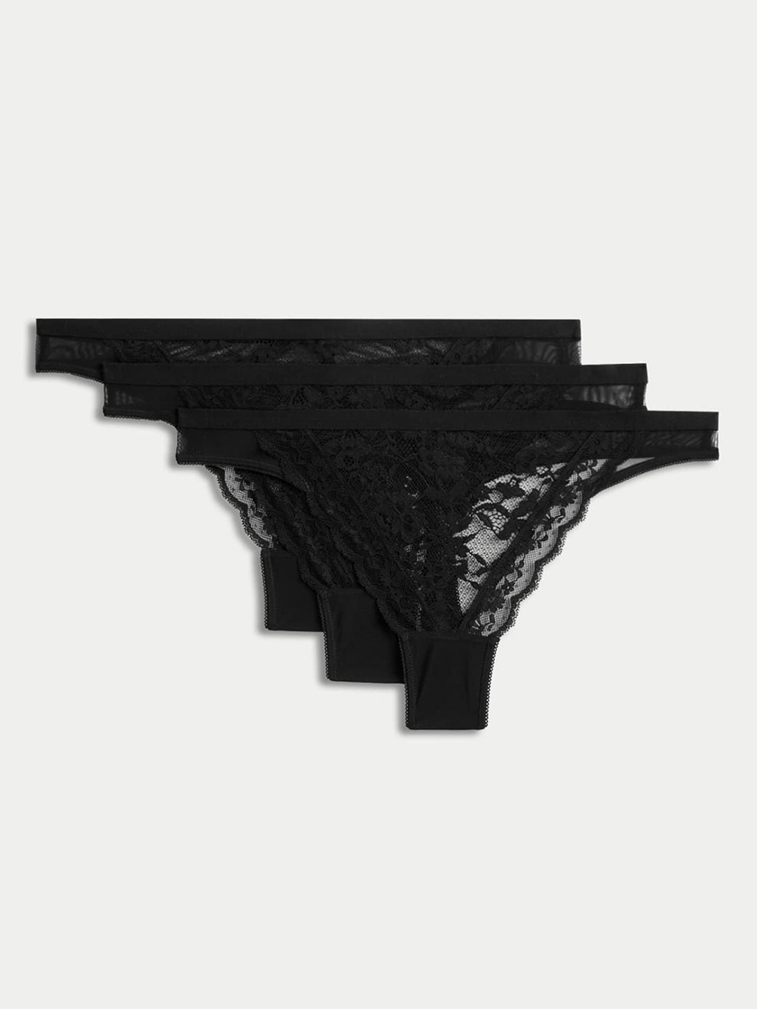 

Marks & Spencer Pack Of 3 Low-Rise Lace Thong Briefs T614957TBLACK, Black