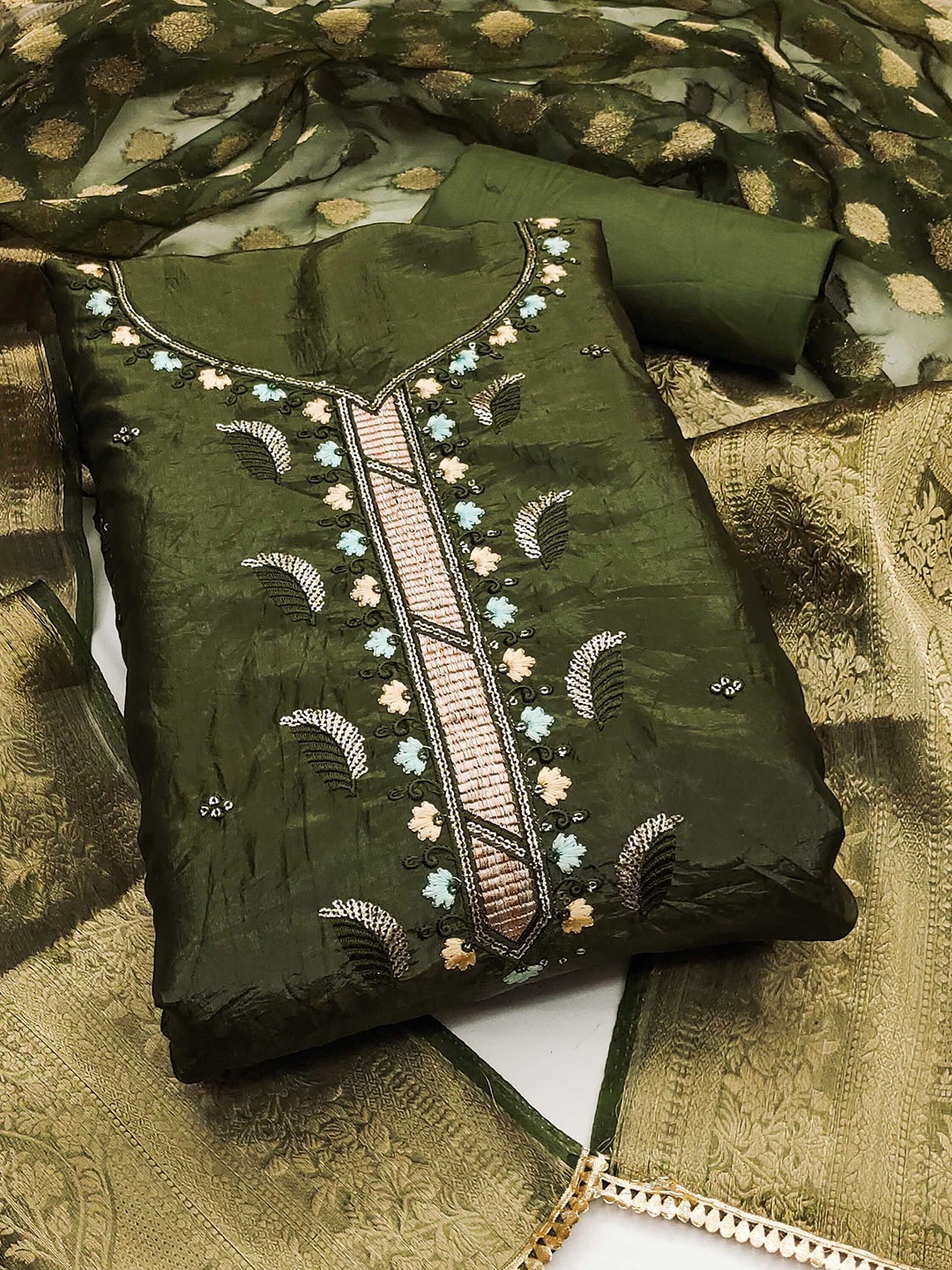 

SAINOOR Floral Sequence Embroidered Pure Silk Semi-Stitched Dress Material, Green
