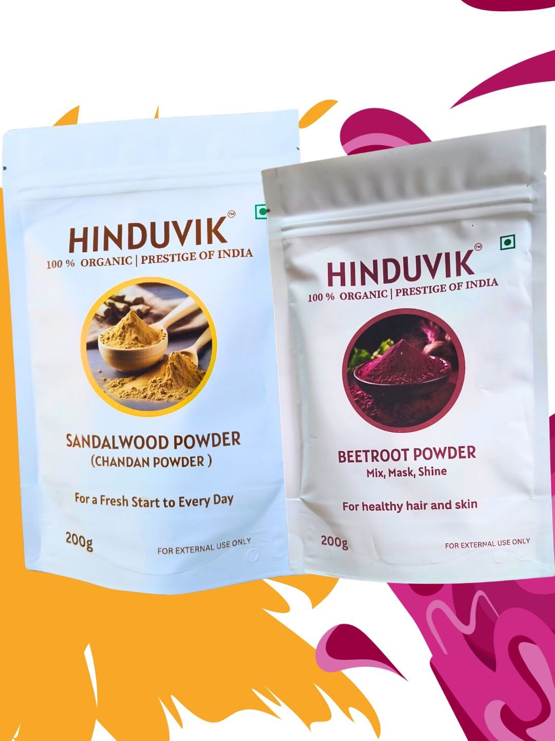 

HINDUVIK Set Of 2 Natural Beetroot & Sandalwood Powder For Skin & Hair 200 g Each, Yellow