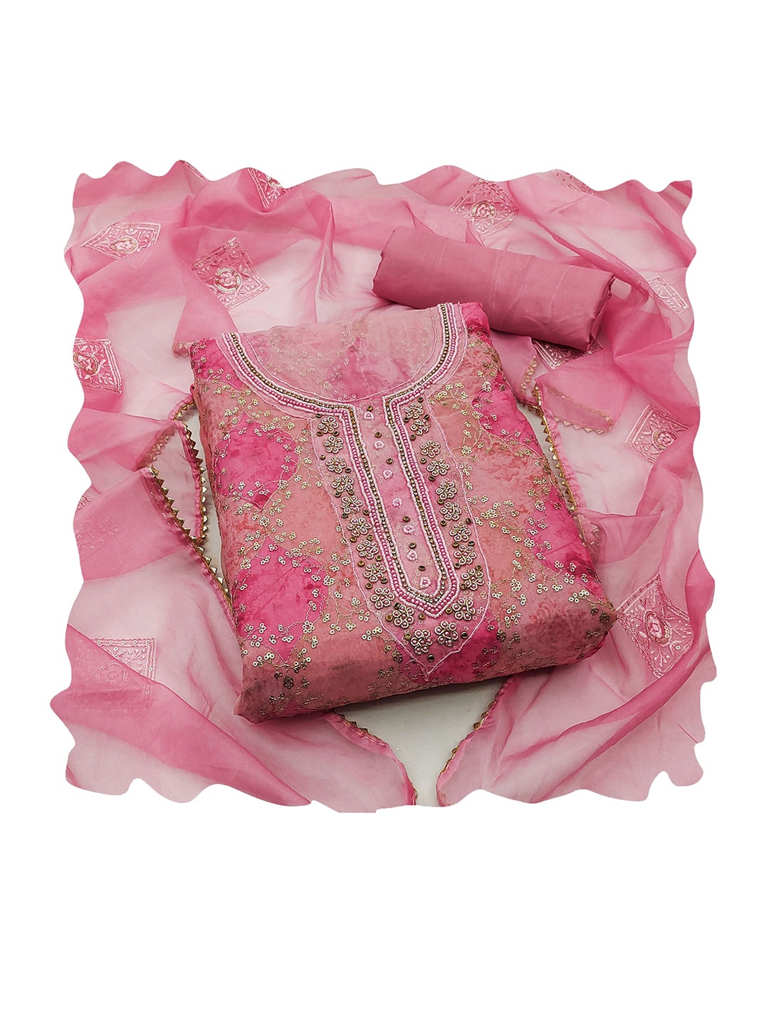 

SAINOOR Floral Sequinned Embroidered Organza Semi-Stitched Dress Material, Pink