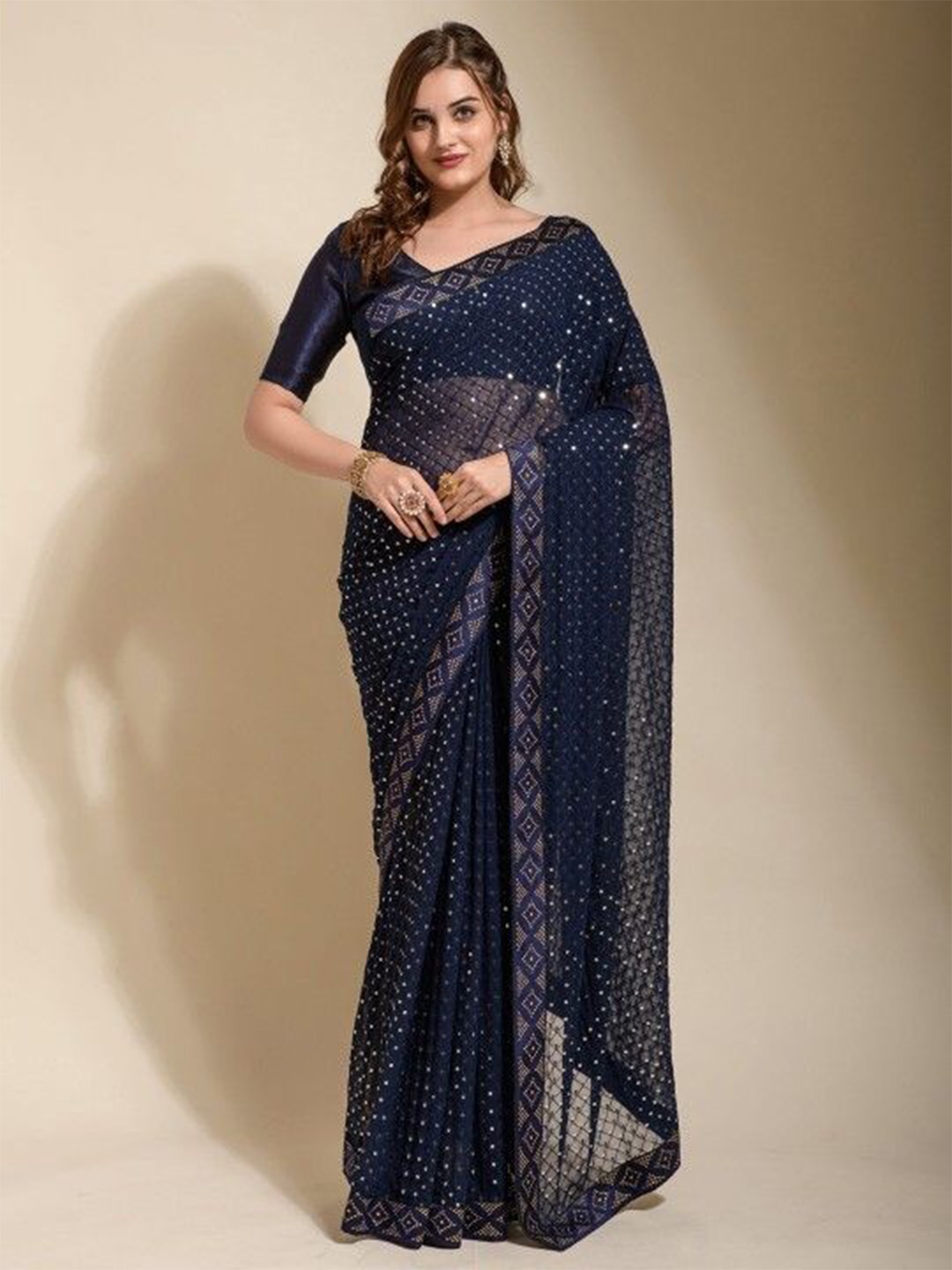 

DIVASTRI Embellished Sequinned Poly Georgette Saree, Navy blue