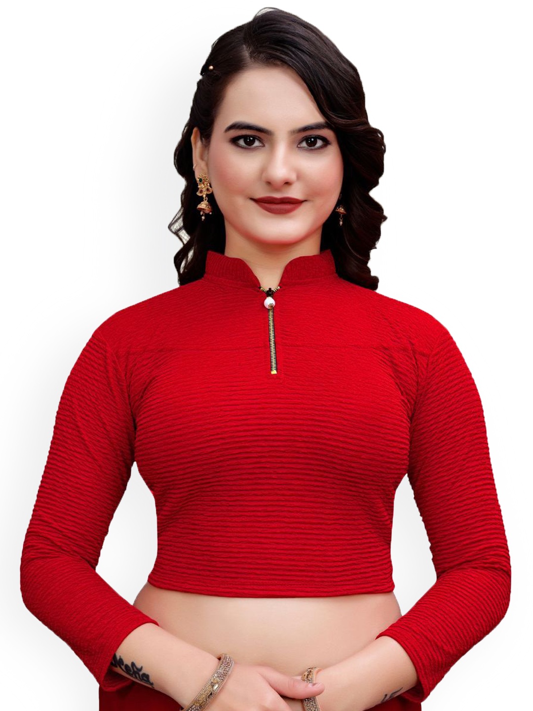 

SS Sanket Synthetics Three Quarter Sleeves Stretchable Saree Blouse, Red