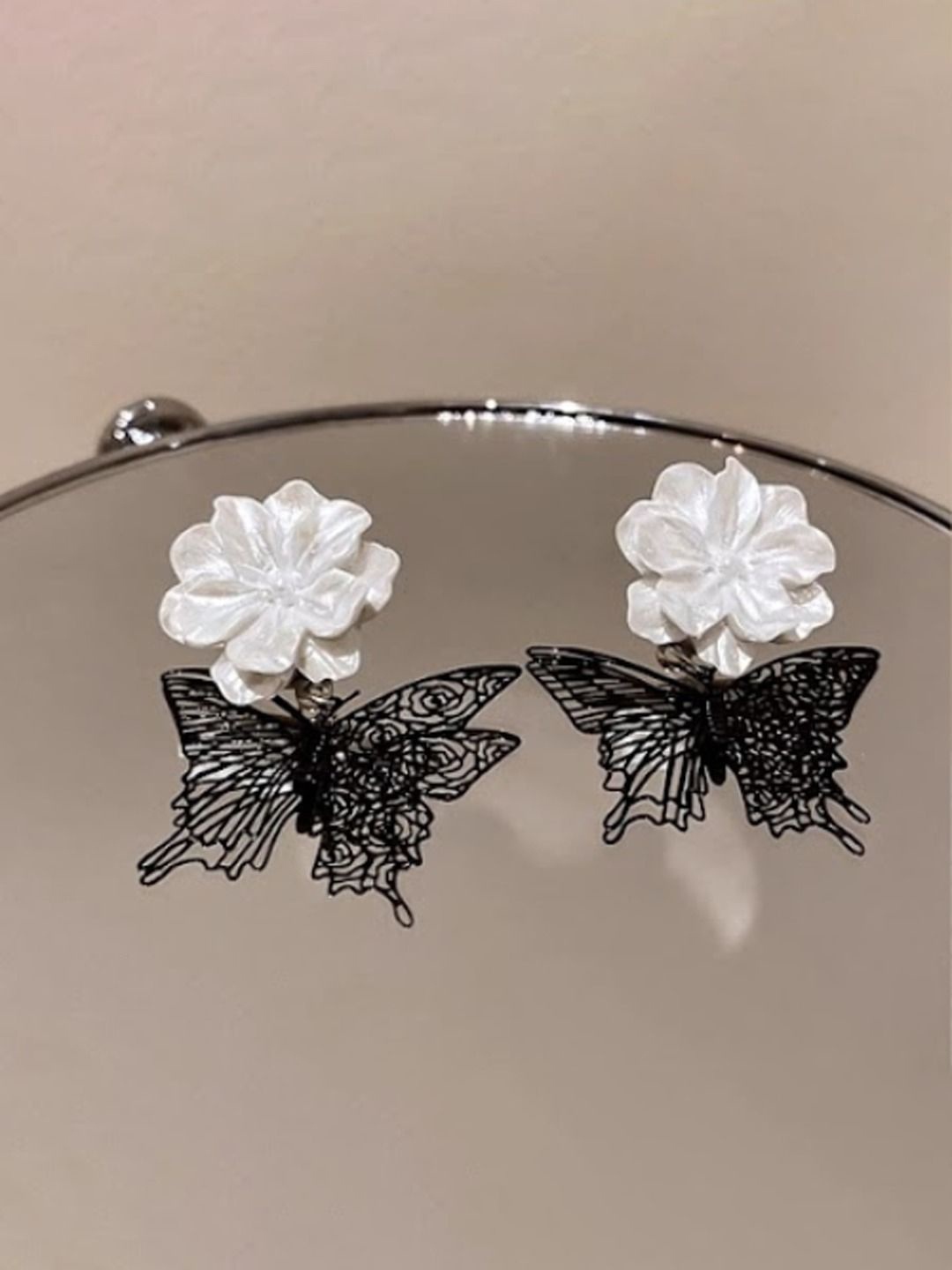 

styledose Korean Sterling Silver Floral Butterfly Shaped Drop Earrings, White