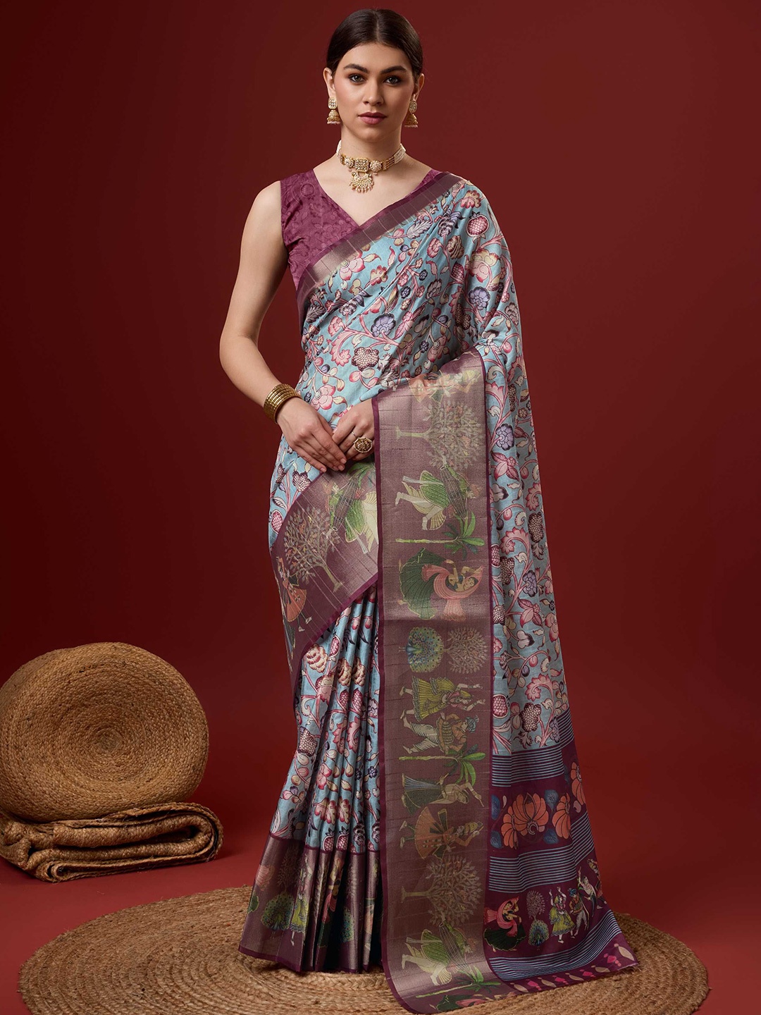 

DIVASTRI Floral Printed Cotton Zari Saree, Blue