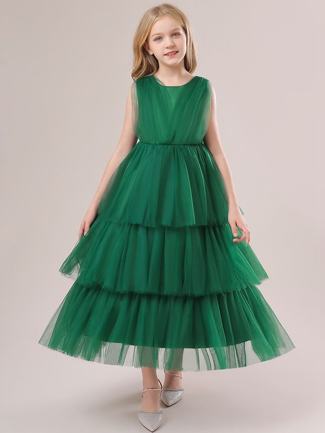 

LULU & SKY Girls Solid Round Neck Flared Maxi Dress, Green