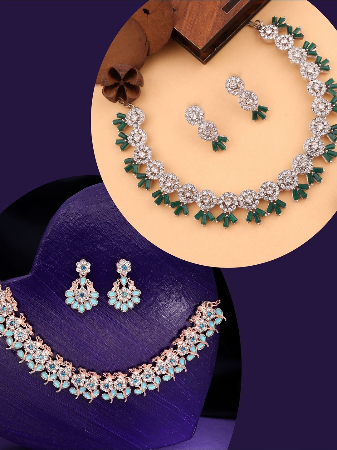 

DIVASTRI Set Of 2 Rose Gold & Silver-Plated American Diamonds Studded Jewellery Set
