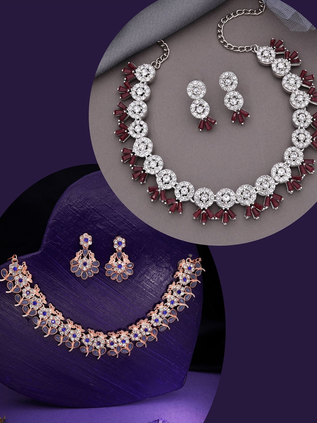 

DIVASTRI Set Of 2 Rose Gold & Silver-Plated American Diamonds Studded Jewellery Set