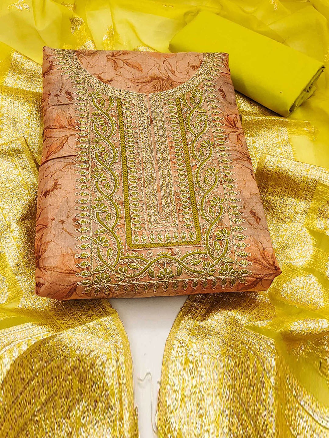 

SAINOOR Floral Embellished Organza Semi-Stitched Dress Material, Yellow