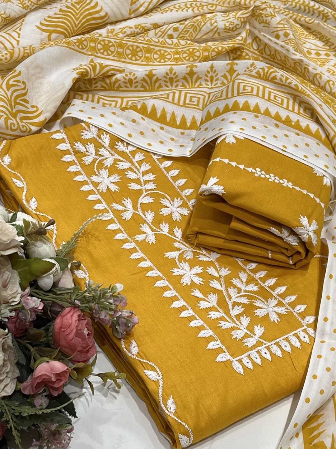 

SALWAR STUDIO Floral Embroidered Cotton Unstitched Dress Material, Yellow