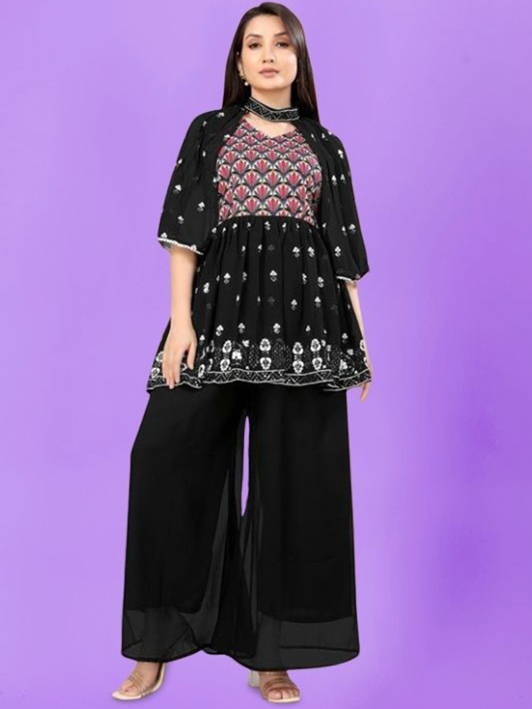

PARROT CREATION Floral Embroidered V-Neck Georgette A-Line Kurti With Palazzo And Cape, Black