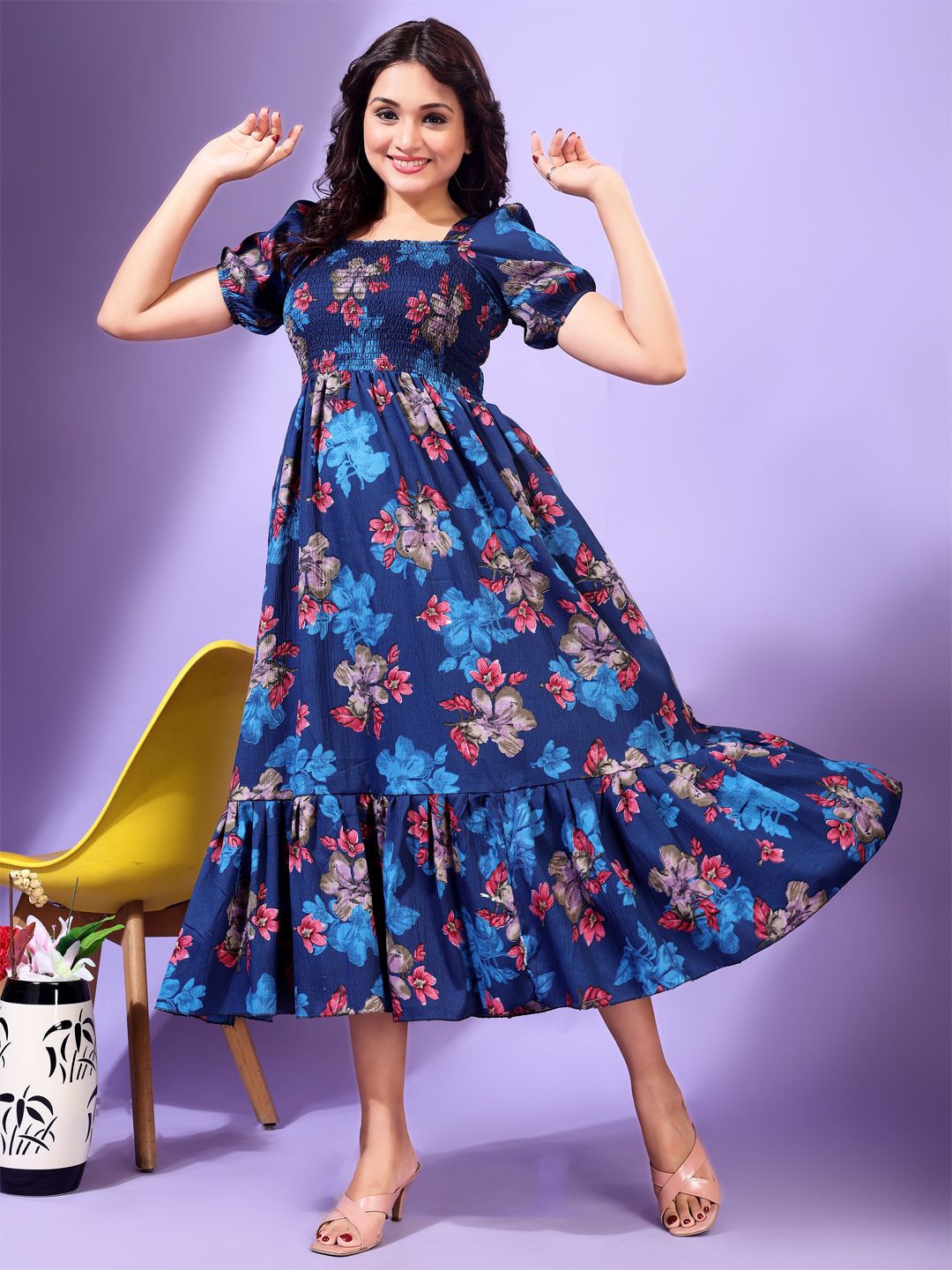 

STARWORD Floral Printed Square Neck Cotton Fit & Flare Dress, Blue