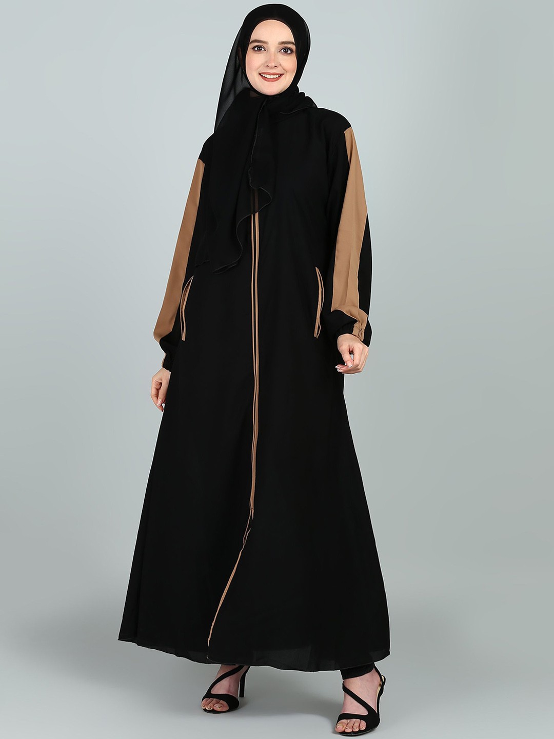 

BROKE BRAND Full Zipper Sportswear Abaya With Side Pockets, Black