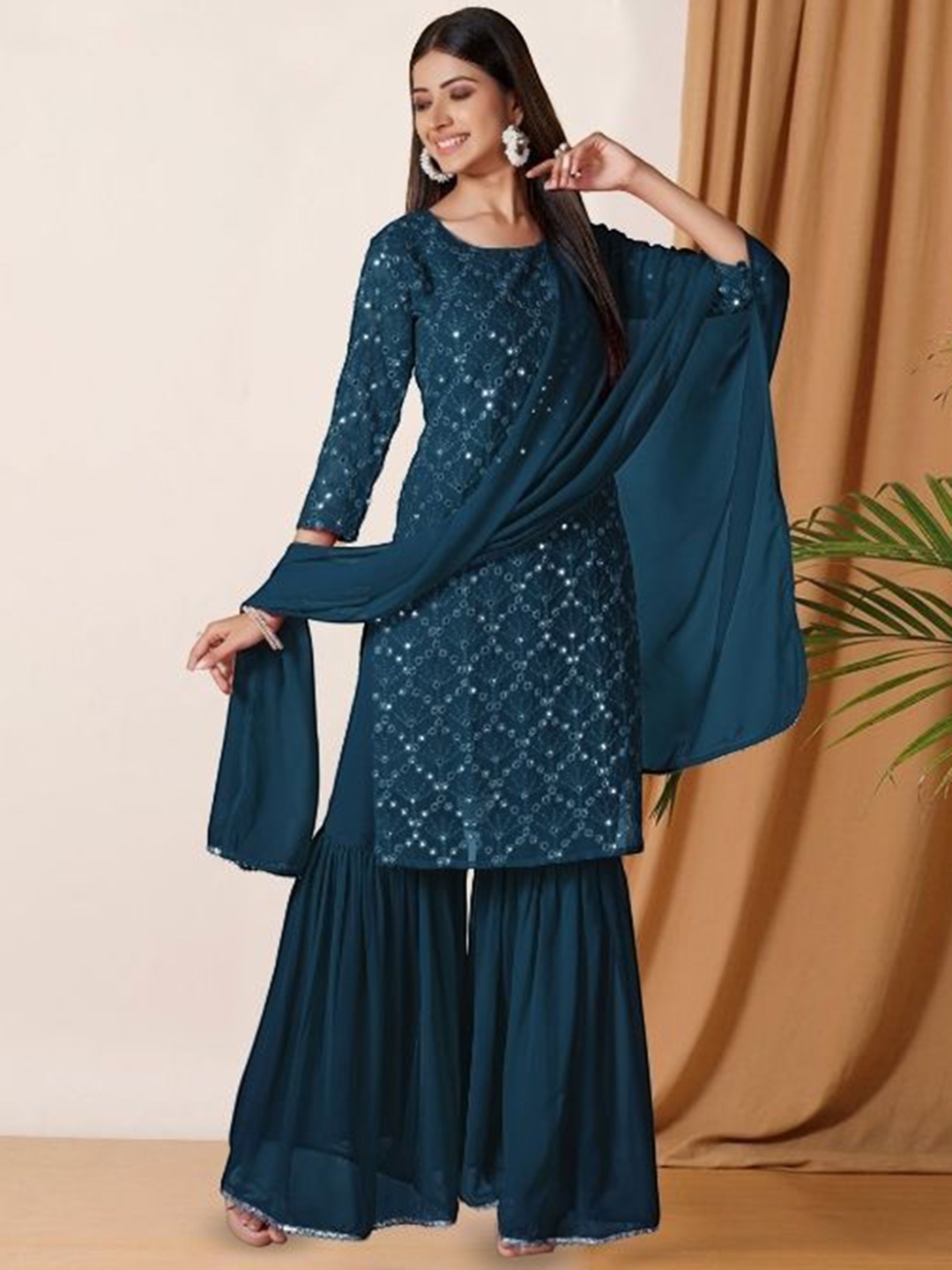 

PARROT CREATION Floral Embroidered Straight Kurta With Sharara & Dupatta, Navy blue