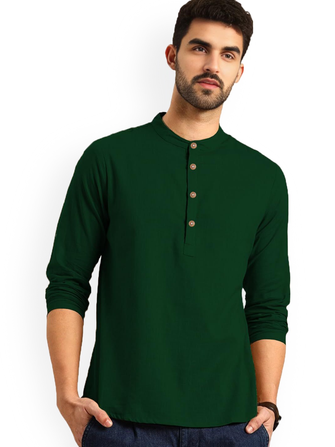 

Vida Loca Band Collar Rolled-Up Sleeves Slim Fit Pure Cotton Short Kurta, Green