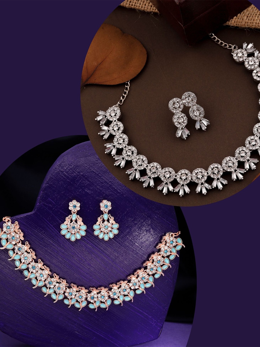 

DIVASTRI Set Of 2 Rose Gold-Plated & Silver-Plated American Diamond Studded Jewellery Set