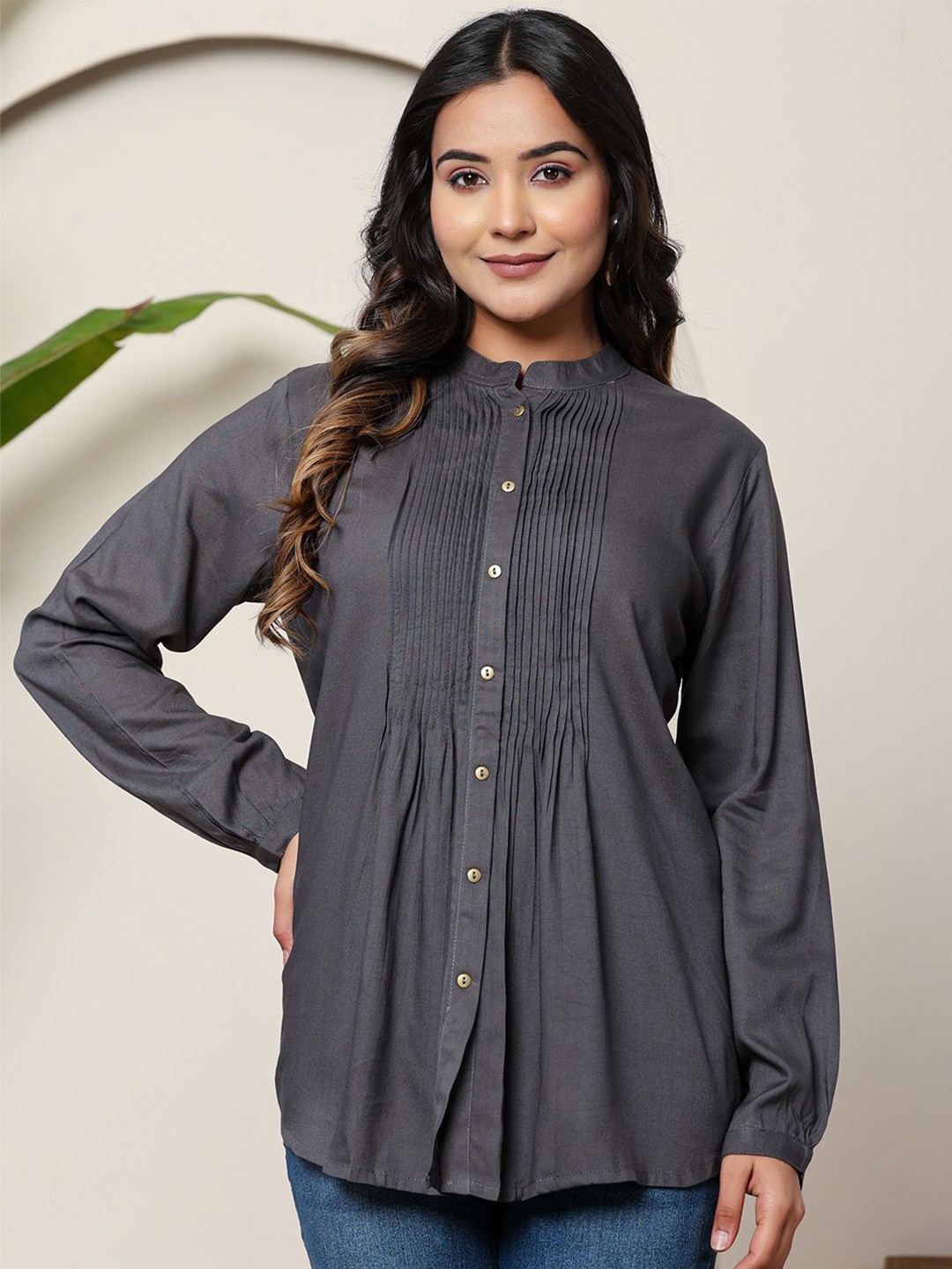 

ARAVALII Print Ethnic Shirt Style Top, Grey