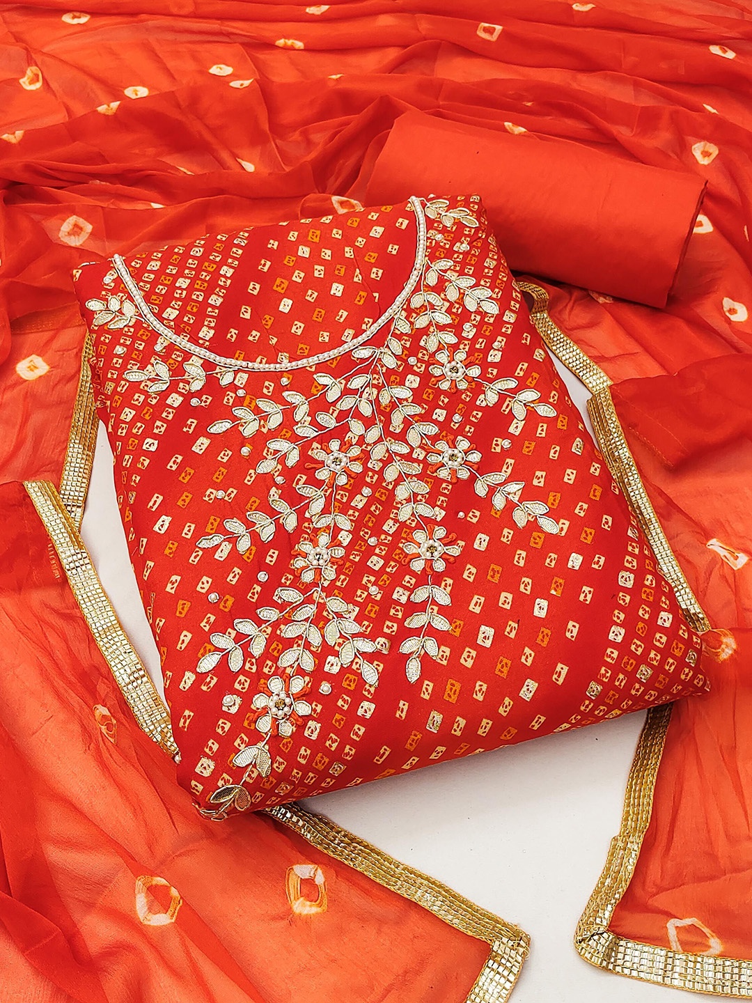 

SAINOOR Bandhani Printed Beads and Stones Unstitched Dress Material, Red