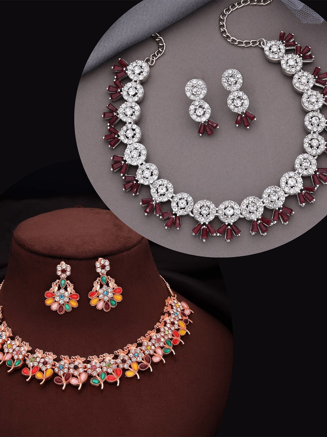 

DIVASTRI Set Of 2 Rose Gold & Silver-Plated American Diamonds Studded Jewellery Set