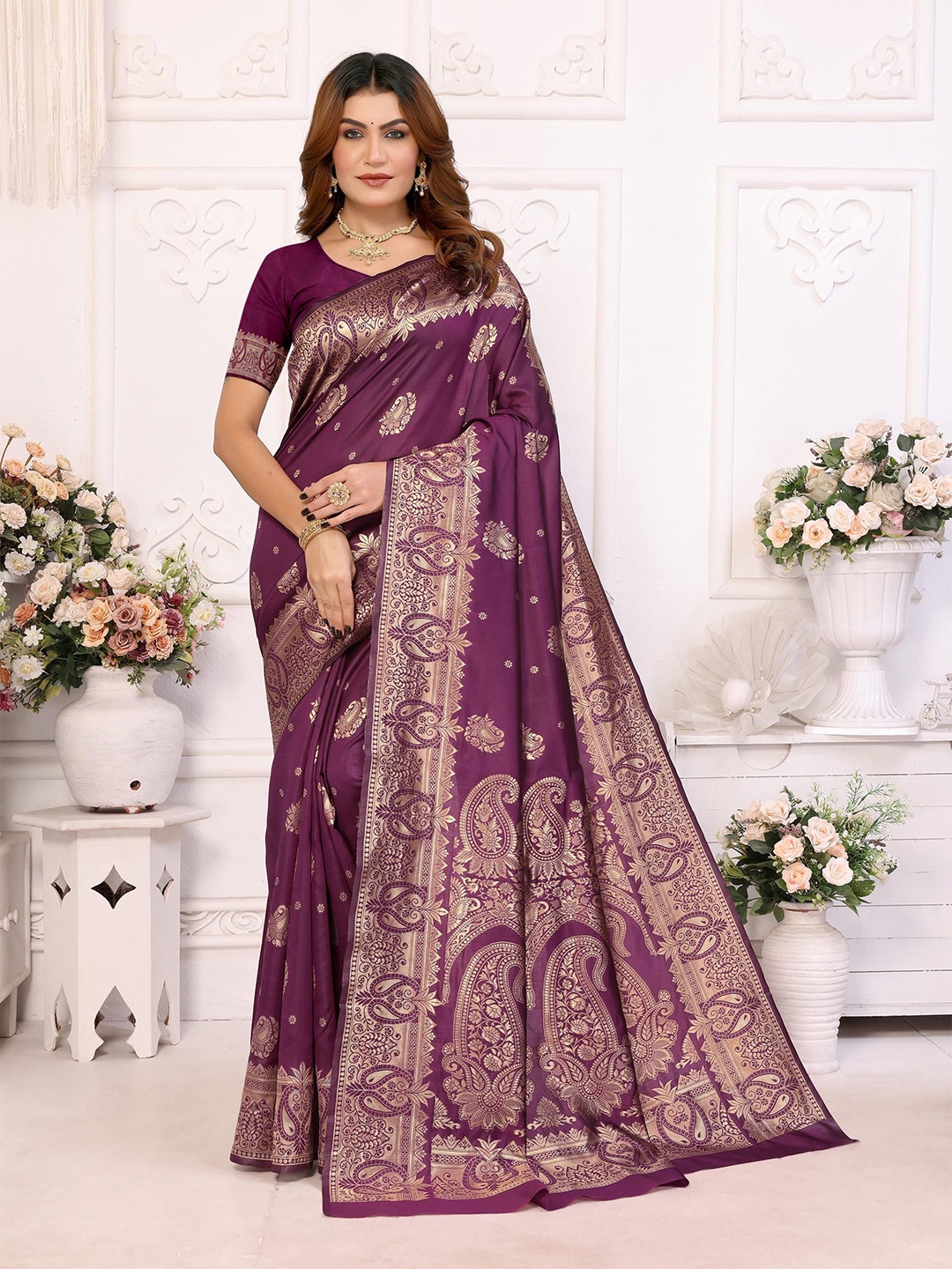 

WEAREZEE Woven Design Silk Blend Designer Saree, Purple