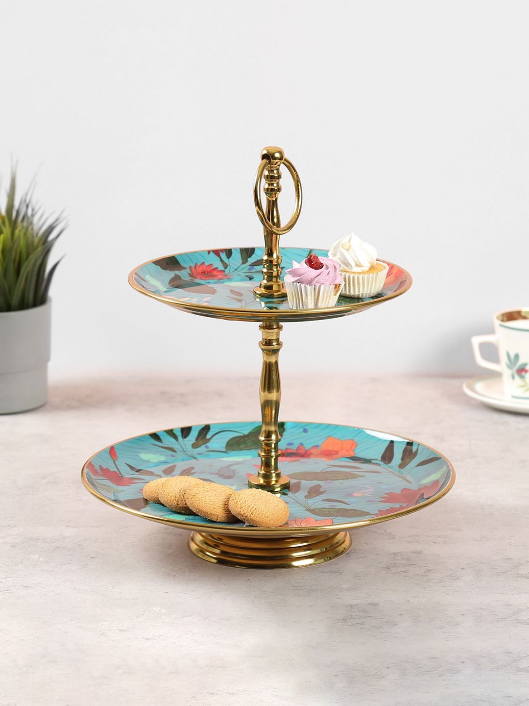 

India Circus by Krsnaa Mehta Gold-Toned Stainless Steel Blossomy Mosaic 2Tier Serving Tray