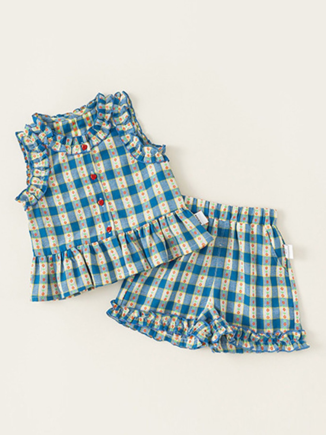 

LULU & SKY Girls Checked Round Neck Top With Shorts, Blue