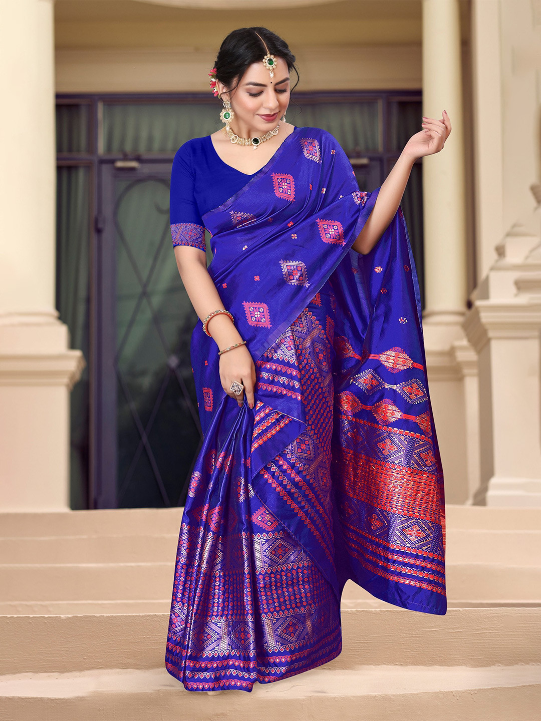 

KAMDAR Champion Polypat Silk Assamese Mekhela Chador with Seapallu, Blue