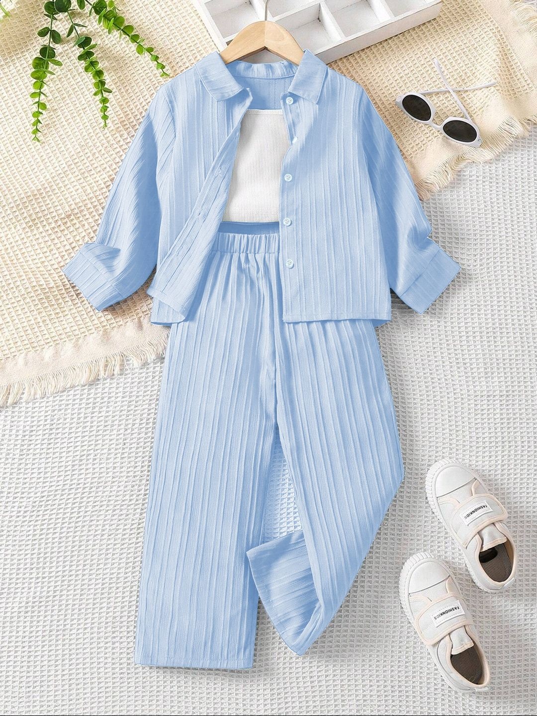 

BAESD Girls Striped Shirt Collar Shirt With Top & Trouser, Blue