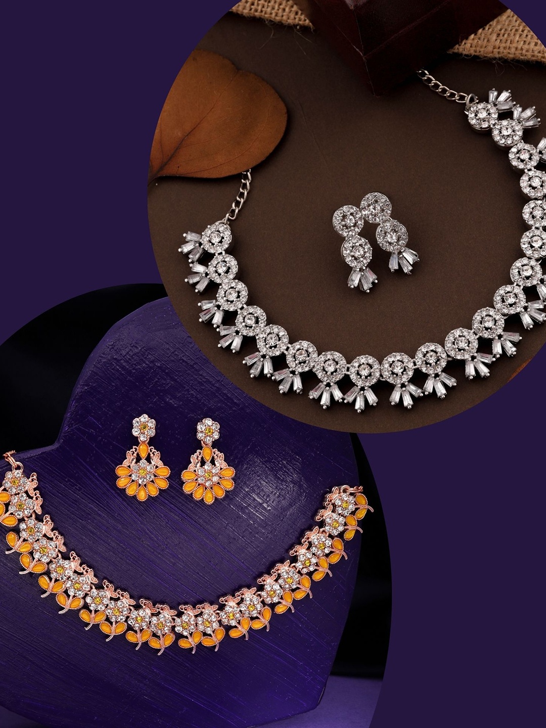 

DIVASTRI Pahal Set Of 2 Silver-Plated & Rose Gold-Plated AD Studded Jewellery Set