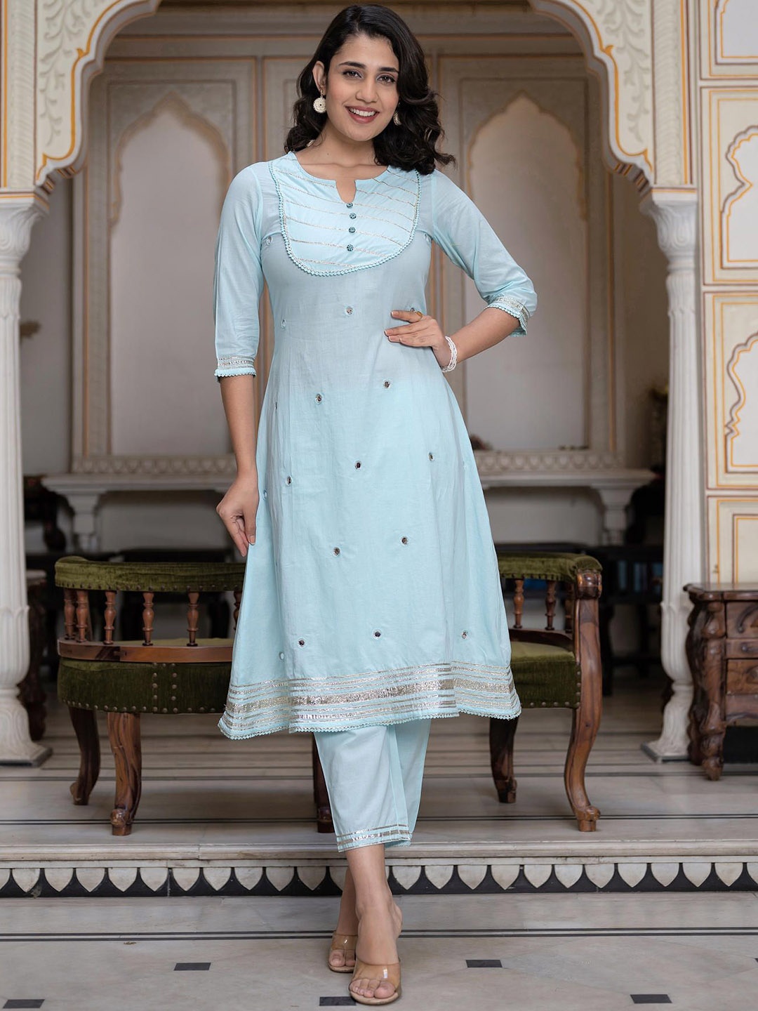 

Juniper Yoke design notch Neck Gotta Patti Pure Cotton A-Line Kurta With Trousers, Blue