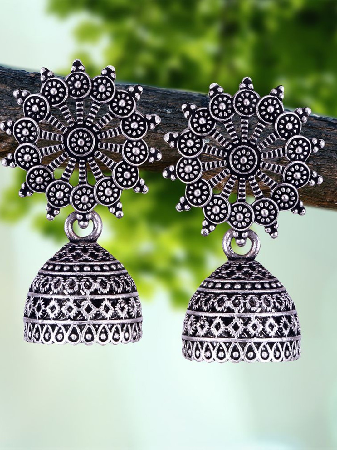 

DIVASTRI Set Of 5 Silver-Plated Dome Shaped Oxidized Jhumkas