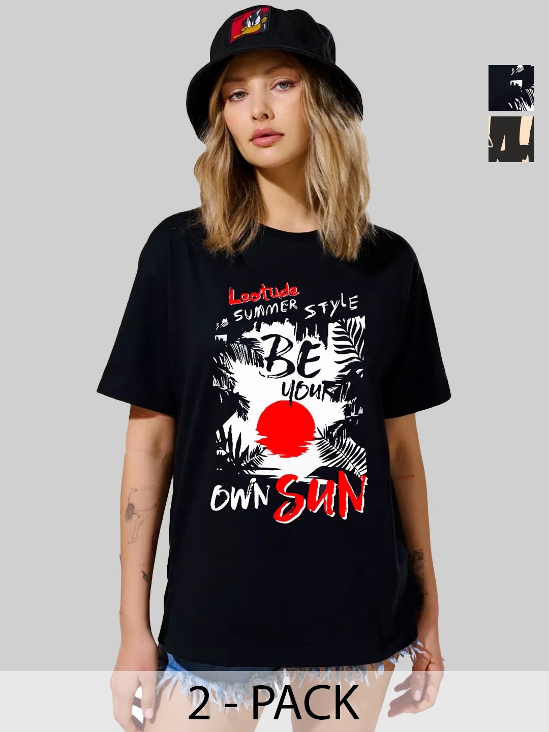 

Leotude Women Pack Of 2 Graphic Printed Round Neck Cotton Oversized T-shirts, Black