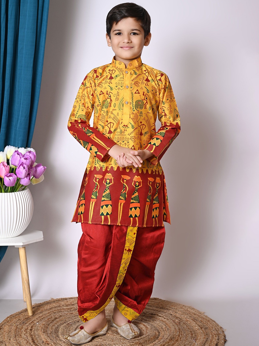 

Cae Boys Ethnic Motifs Printed Mandarin Collar Straight Kurta With Dhoti Pants, Yellow