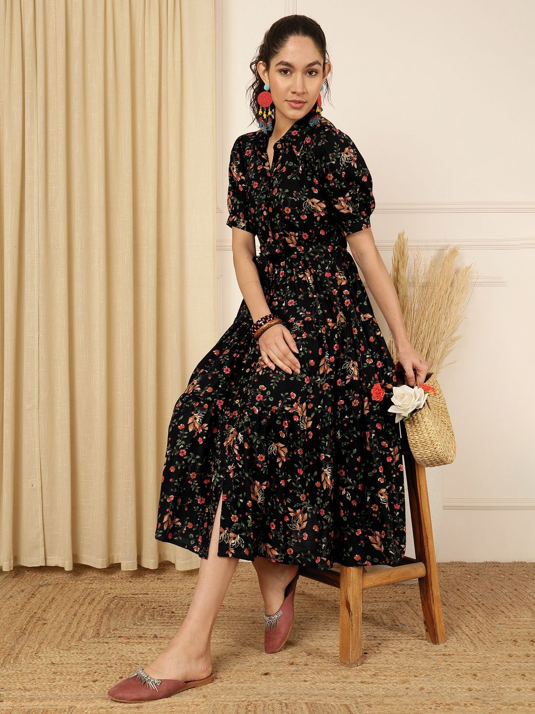 

KALINI Floral Print Maxi Midi Dress, Black