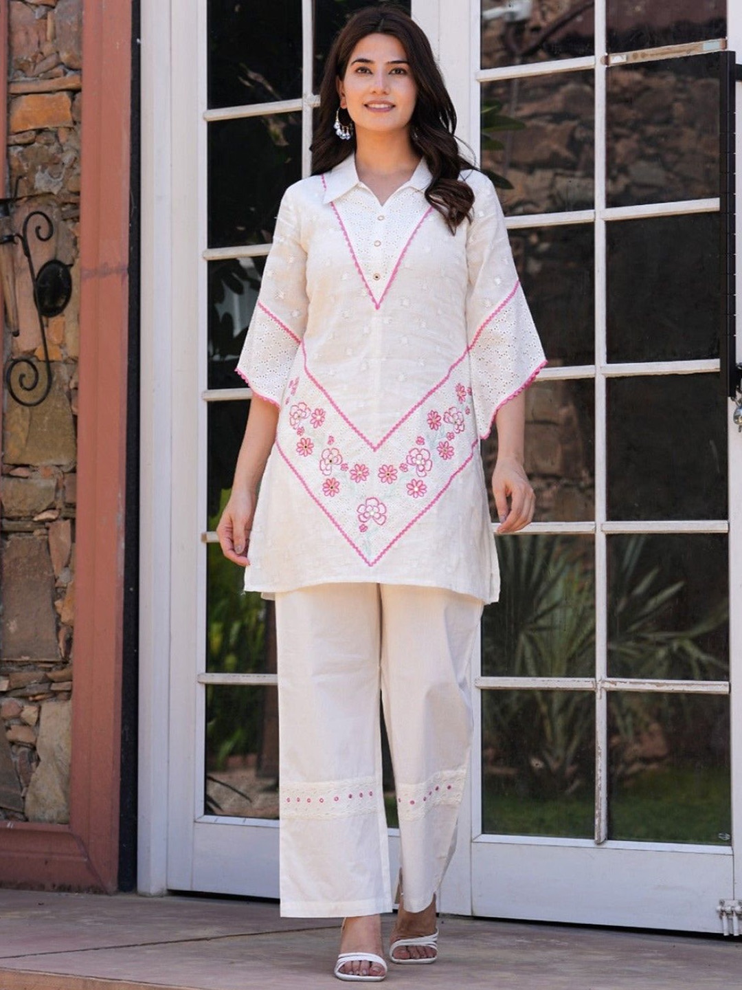

AUTUMN LANE Floral Embroidered Pure Cotton Shirt Collar Tunic With Trousers, White