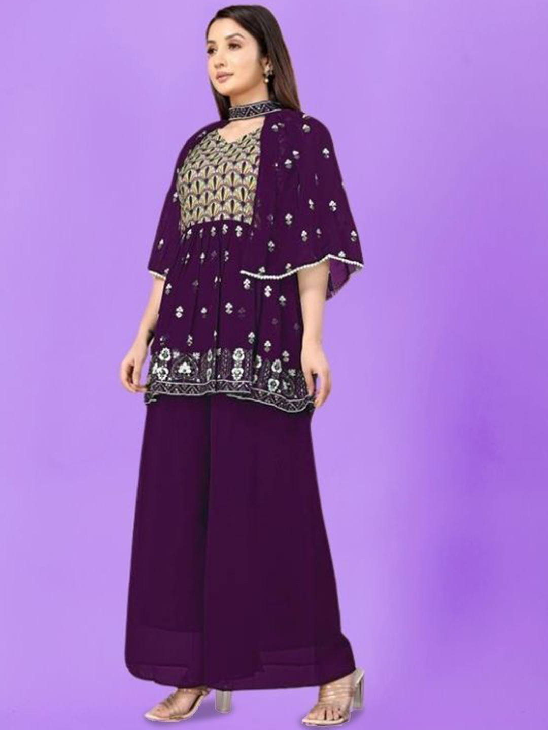 

PARROT CREATION Floral Embroidered Pleated Georgette A-Line Kurti with Palazzos & Cape, Purple