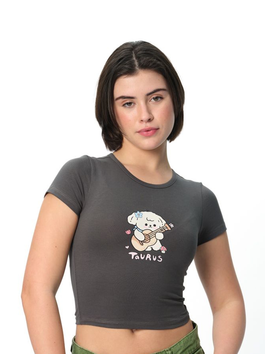 

Bonkers Corner Women Printed Slim Fit T-shirt, Grey